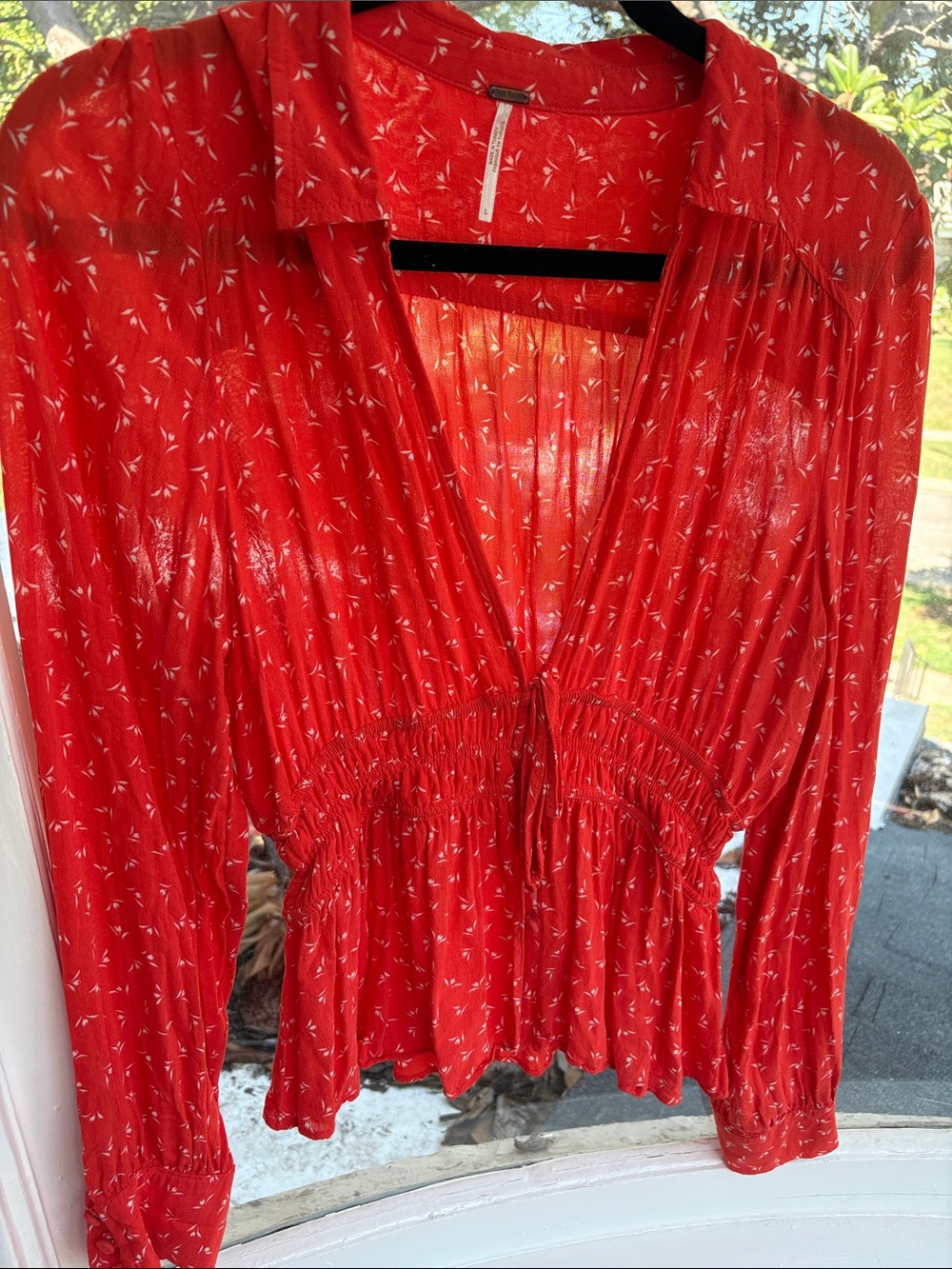 Free People Red V-Neck Smocked Waist Peplum Blouse